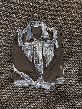 Adore Blue and Black Distressed Denim Jean Jacket